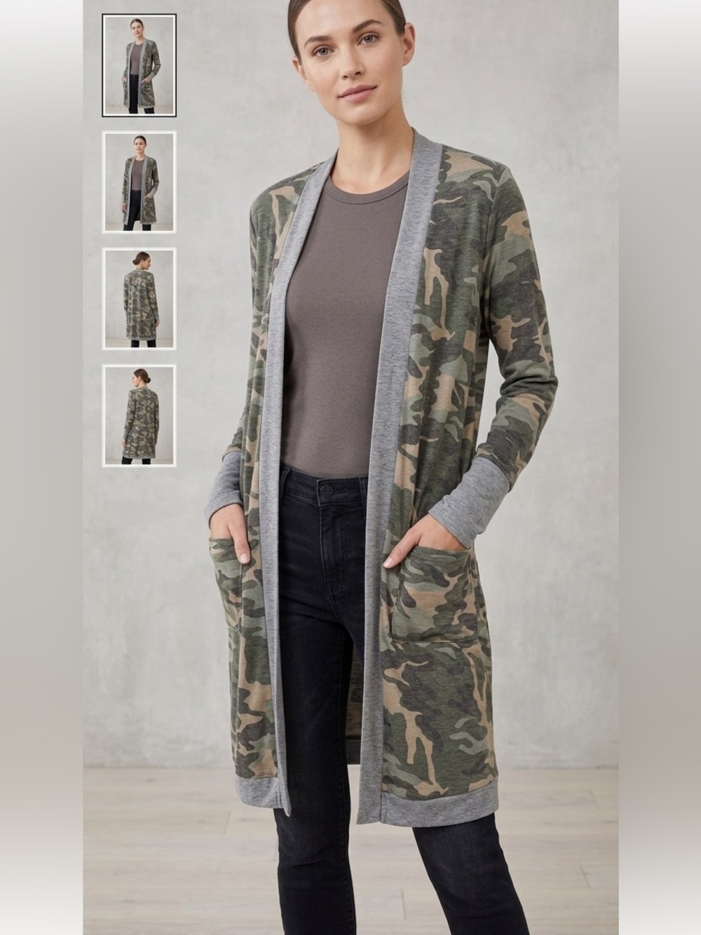 MAGIC FIT MIDI open Camouflage Cardigan with gray trim long cuff w thumb hole